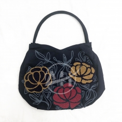 Navy Suede Embroidered Shoulder Bag With Lotus Chenille Design